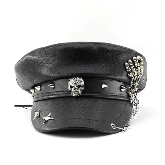 Women's Punk PU Leather Beret | Vintage Flat Top Military Cap for Outdoor & Casual Wear