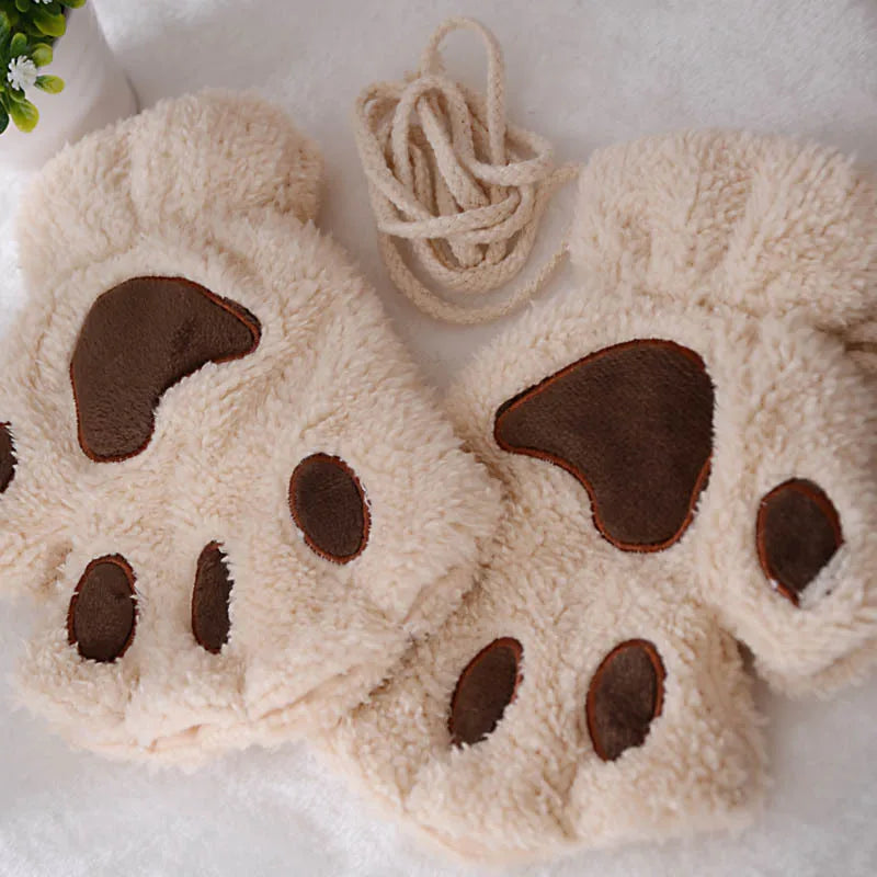Cat Paw Plush Mittens β Cute Fingerless Fluffy Gloves for Women