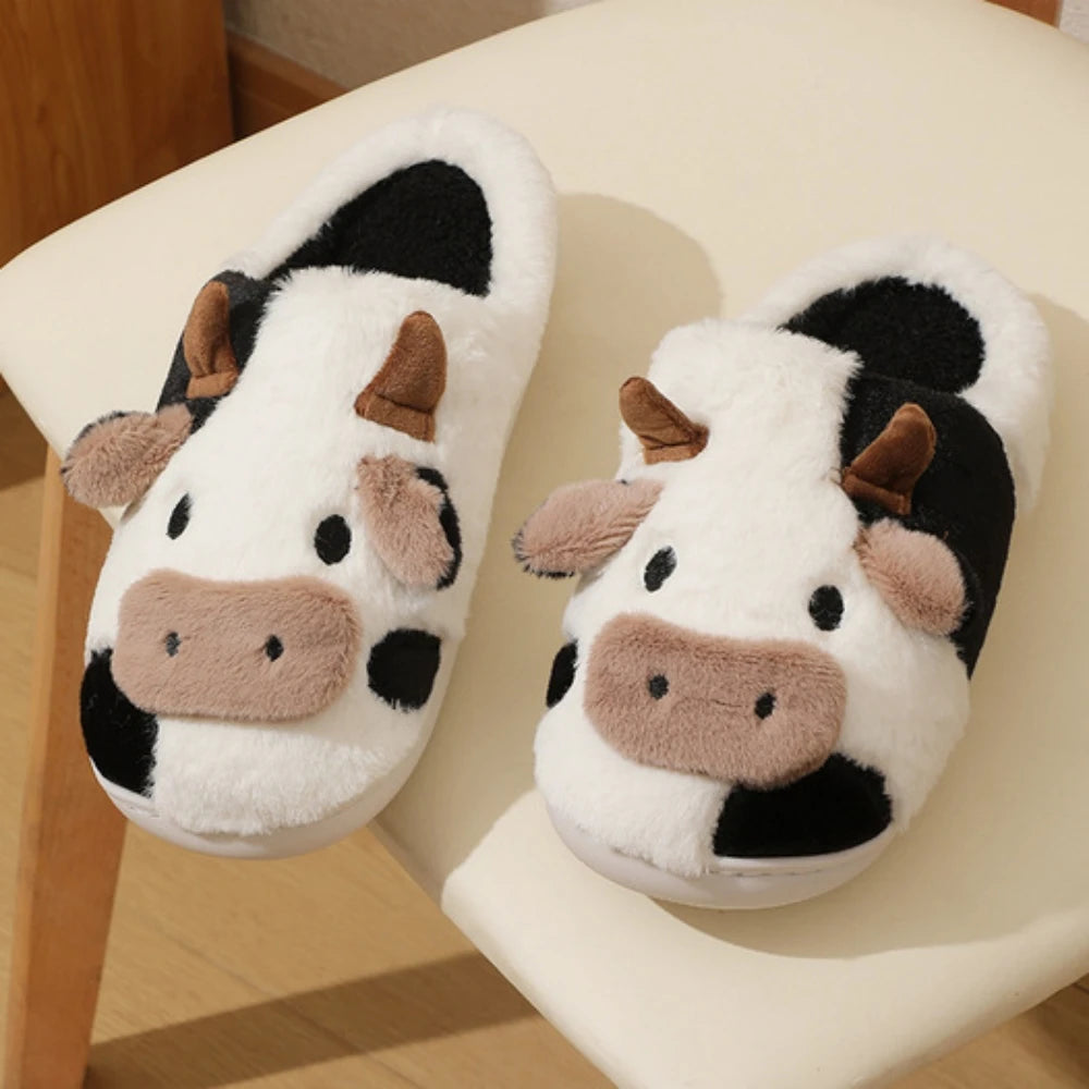 Cartoon Cow Plush Slippers – Warm Anti-Slip Indoor House Shoes for Women & Men