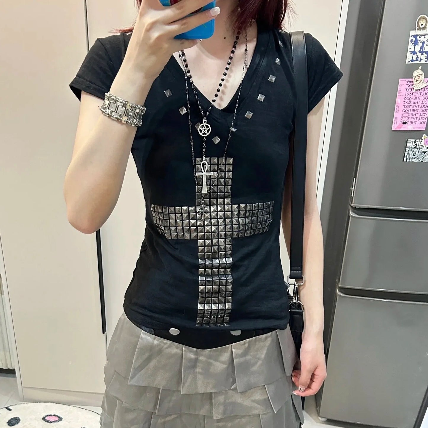 Women's Japanese Y2K Metal Cross Print T-Shirt | Harajuku Sheer Short Sleeve Streetwear Grunge Top