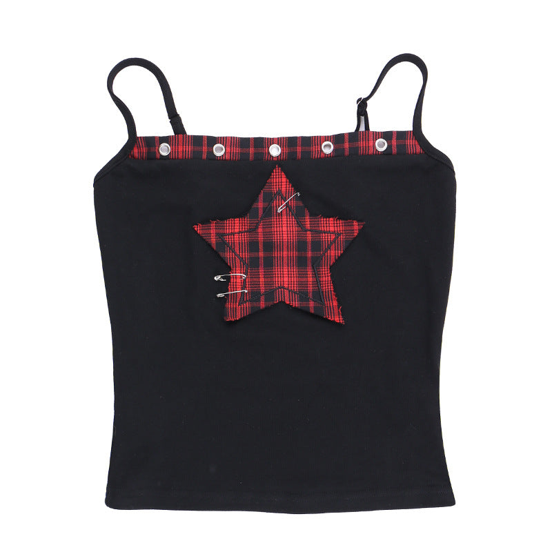 Women's AltGoth Y2K E-Girl Plaid Pentagram Crop Tank Top | Mall Gothic Cyber Punk Emo Grunge Cami