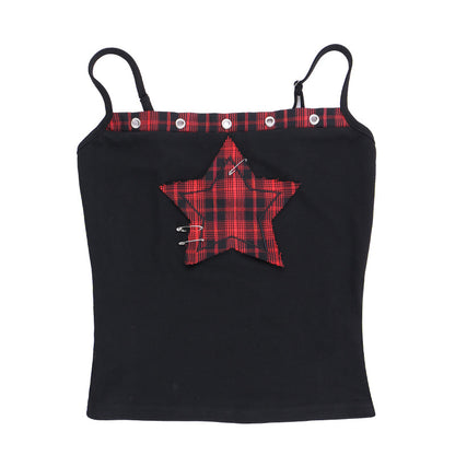 Women's AltGoth Y2K E-Girl Plaid Pentagram Crop Tank Top | Mall Gothic Cyber Punk Emo Grunge Cami