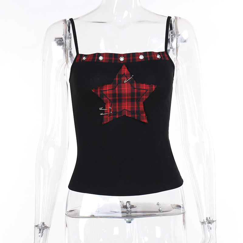 Women's AltGoth Y2K E-Girl Plaid Pentagram Crop Tank Top | Mall Gothic Cyber Punk Emo Grunge Cami