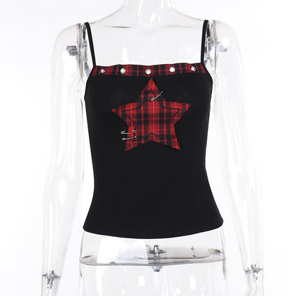 Women's AltGoth Y2K E-Girl Plaid Pentagram Crop Tank Top | Mall Gothic Cyber Punk Emo Grunge Cami