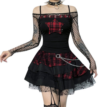 Women's AltGoth Y2K E-Girl Plaid Pentagram Crop Tank Top | Mall Gothic Cyber Punk Emo Grunge Cami