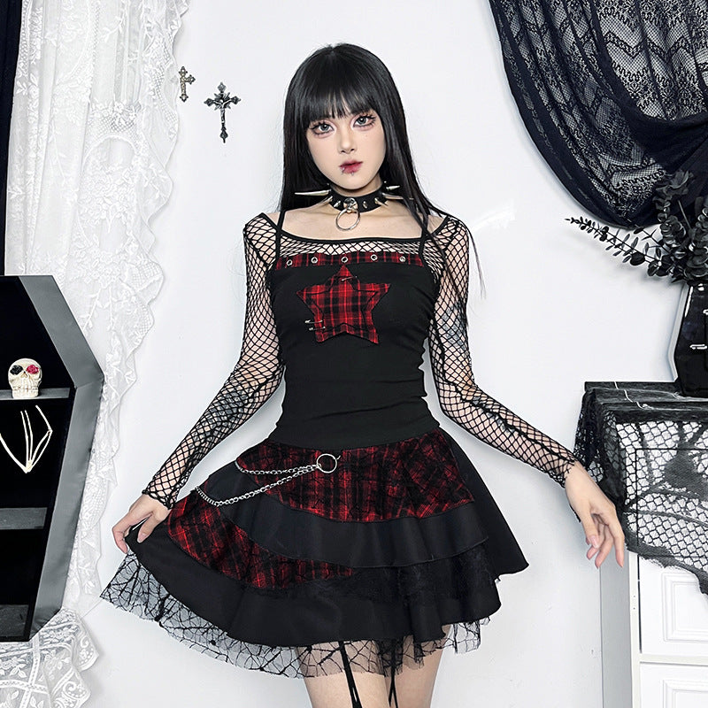 Women's AltGoth Y2K E-Girl Plaid Pentagram Crop Tank Top | Mall Gothic Cyber Punk Emo Grunge Cami