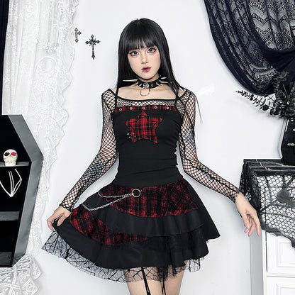 Women's AltGoth Y2K E-Girl Plaid Pentagram Crop Tank Top | Mall Gothic Cyber Punk Emo Grunge Cami
