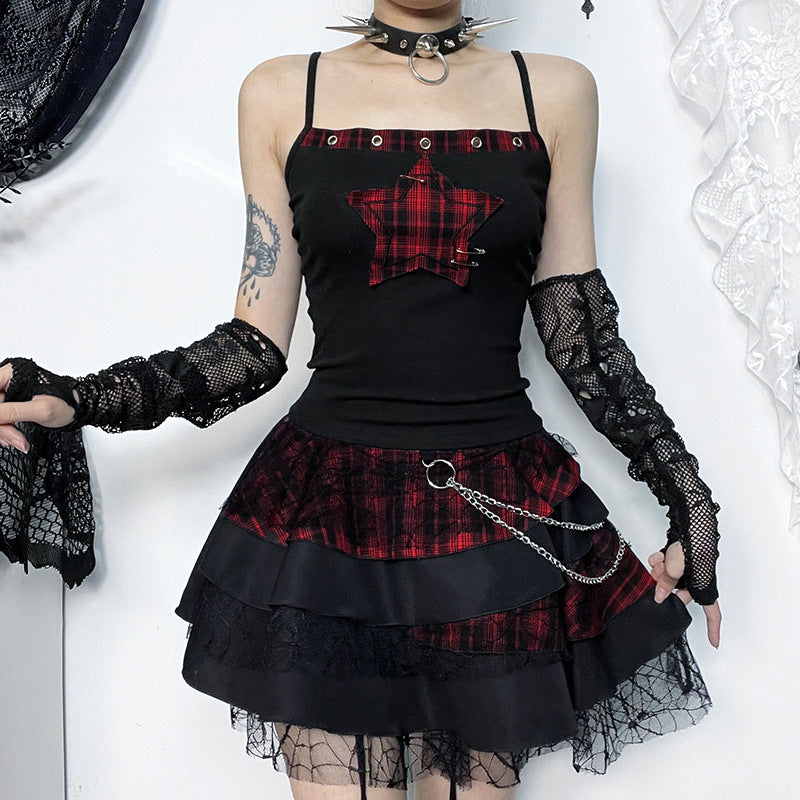 Women's AltGoth Y2K E-Girl Plaid Pentagram Crop Tank Top | Mall Gothic Cyber Punk Emo Grunge Cami