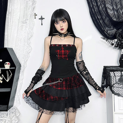 Women's AltGoth Y2K E-Girl Plaid Pentagram Crop Tank Top | Mall Gothic Cyber Punk Emo Grunge Cami