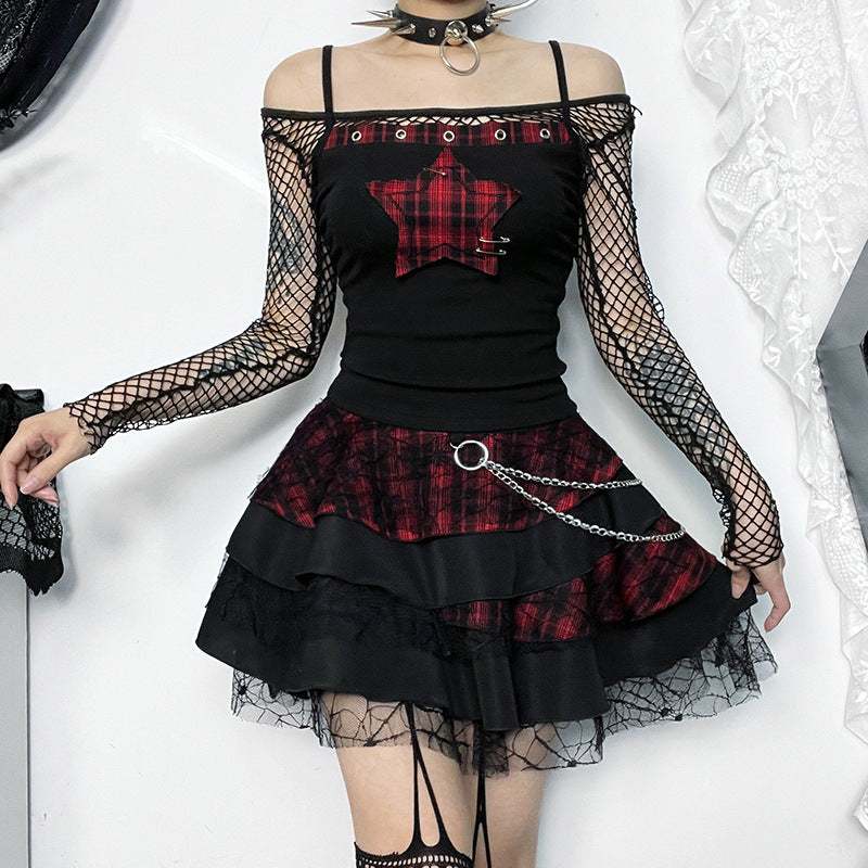 Women's AltGoth Y2K E-Girl Plaid Pentagram Crop Tank Top | Mall Gothic Cyber Punk Emo Grunge Cami