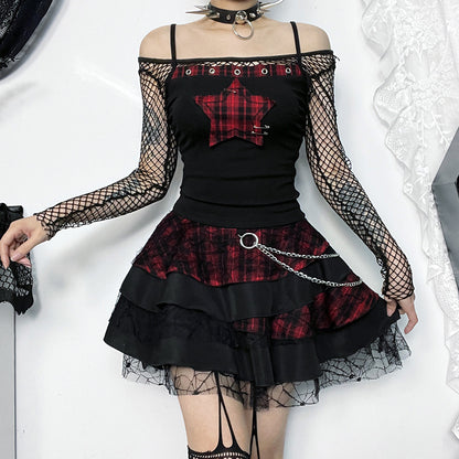 Women's AltGoth Y2K E-Girl Plaid Pentagram Crop Tank Top | Mall Gothic Cyber Punk Emo Grunge Cami