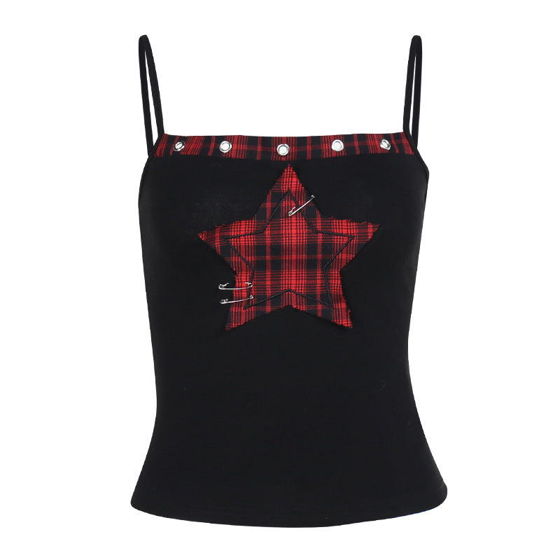 Women's AltGoth Y2K E-Girl Plaid Pentagram Crop Tank Top | Mall Gothic Cyber Punk Emo Grunge Cami