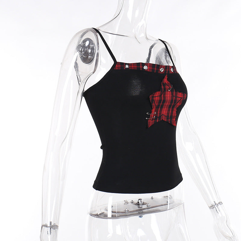 Women's AltGoth Y2K E-Girl Plaid Pentagram Crop Tank Top | Mall Gothic Cyber Punk Emo Grunge Cami