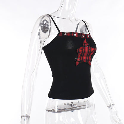 Women's AltGoth Y2K E-Girl Plaid Pentagram Crop Tank Top | Mall Gothic Cyber Punk Emo Grunge Cami