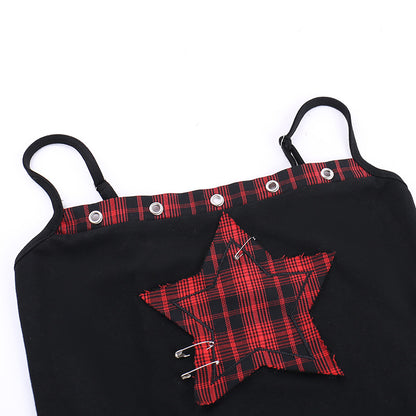 Women's AltGoth Y2K E-Girl Plaid Pentagram Crop Tank Top | Mall Gothic Cyber Punk Emo Grunge Cami