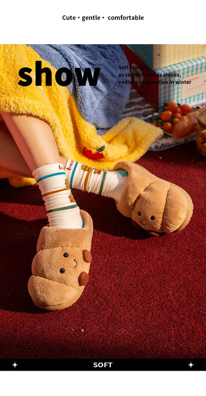 LORGL Croissant Fluffy Slippers – Unisex Winter House Shoes with Anti-Slip Sole