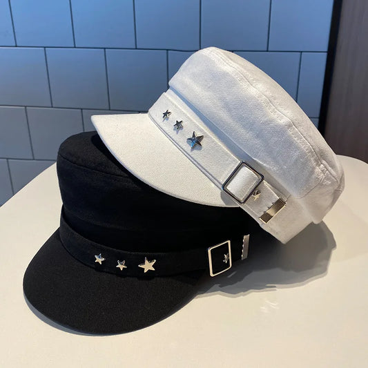 Women's Black Star Beret | British Retro Military Style Korean Fashion Cap for Spring, Autumn & Winter