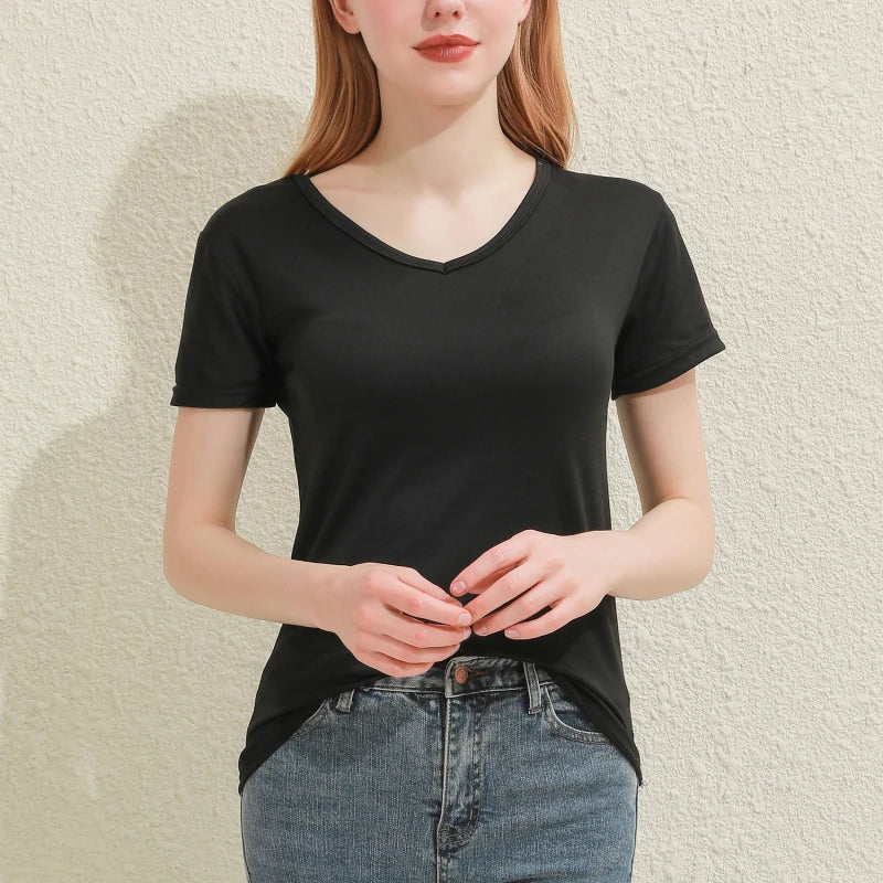 Women's Solid Cotton V-Neck T-Shirt | Short Sleeve Slim Casual Tee in White & Black