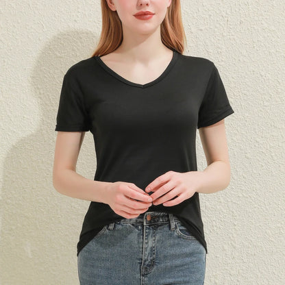 Women's Solid Cotton V-Neck T-Shirt | Short Sleeve Slim Casual Tee in White & Black