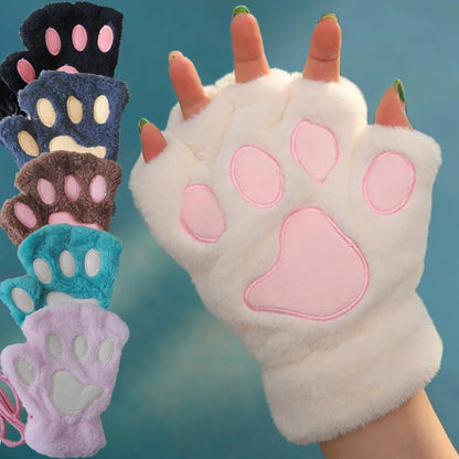 Cat Paw Plush Mittens – Cute Fingerless Fluffy Gloves for Women