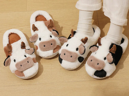 Cartoon Cow Plush Slippers – Warm Anti-Slip Indoor House Shoes for Women & Men