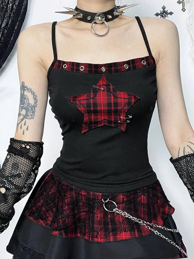 Women's AltGoth Y2K E-Girl Plaid Pentagram Crop Tank Top | Mall Gothic Cyber Punk Emo Grunge Cami