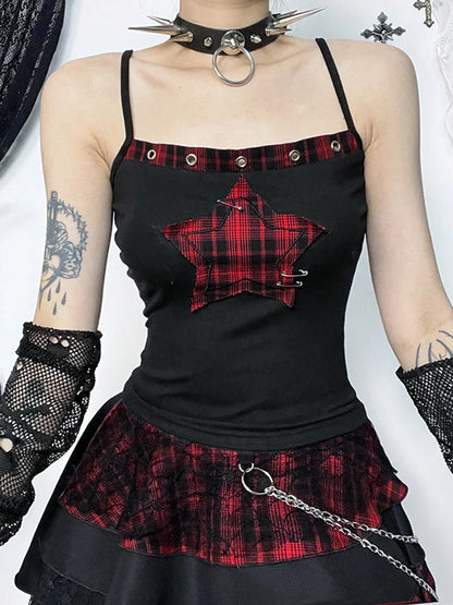 Women's AltGoth Y2K E-Girl Plaid Pentagram Crop Tank Top | Mall Gothic Cyber Punk Emo Grunge Cami