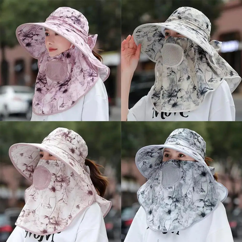 Women's Wide Brim Sun Hat with Detachable Face Mask – UV Protection