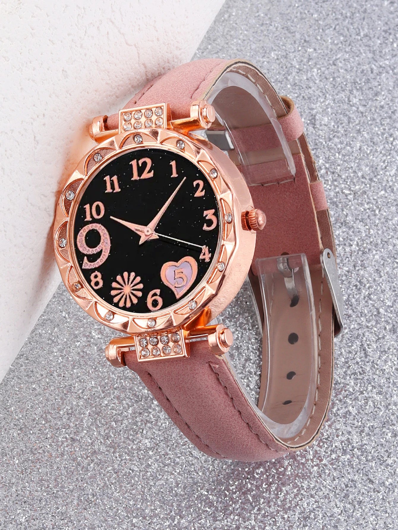 Women's 6PCS Fashion Quartz Watch & Bracelet Set | Pink Leather Band Analog Wristwatch Dress Set