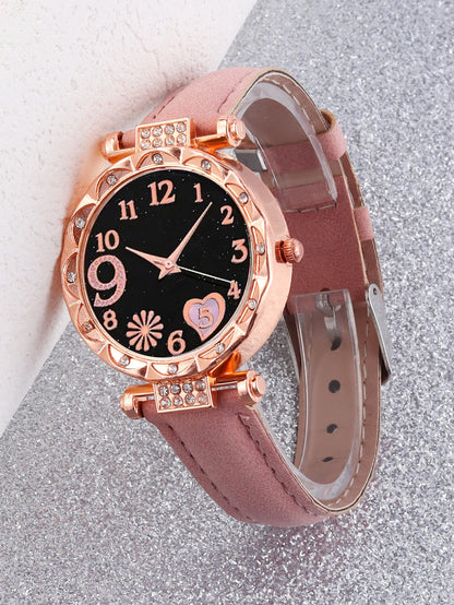 Women's 6PCS Fashion Quartz Watch & Bracelet Set | Pink Leather Band Analog Wristwatch Dress Set