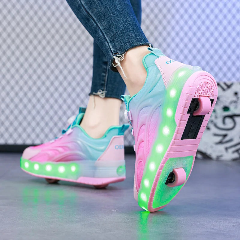 Kids LED Light-Up Roller Skate Shoes – USB Rechargeable Wheeled Sneakers for Boys & Girls