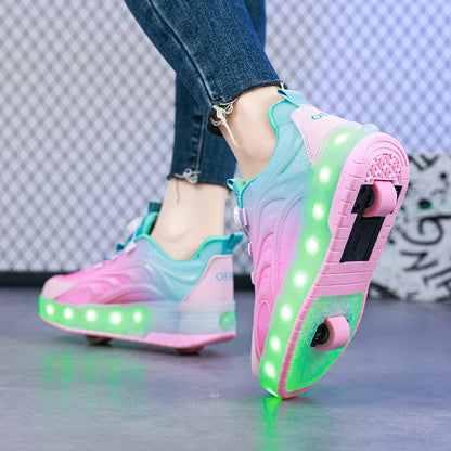 Kids LED Light-Up Roller Skate Shoes – USB Rechargeable Wheeled Sneakers for Boys & Girls