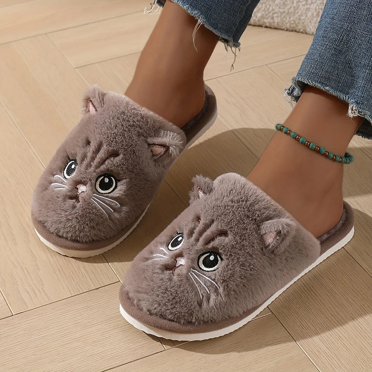 Plush Cat Slippers – Cozy Winter Indoor House Shoes with Non-Slip EVA Sole
