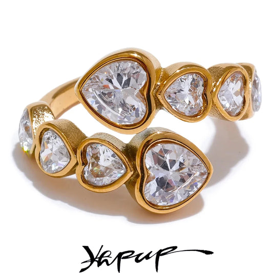 Cubic Zirconia Heart Open Ring in 18K Gold Plated Stainless Steel