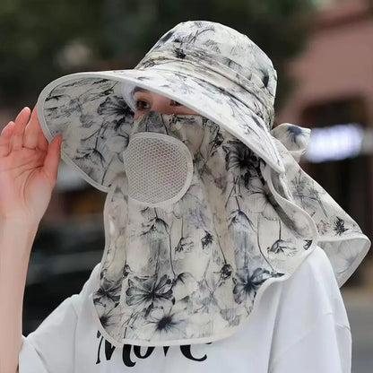 Women's Wide Brim Sun Hat with Detachable Face Mask – UV Protection