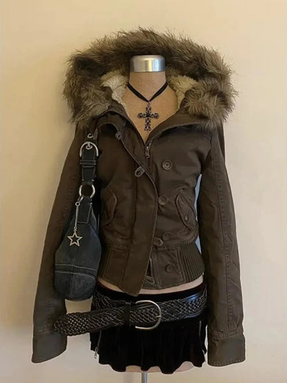 Harajuku Safari Hooded Jacket – Y2K Streetwear Zip-Up Coat