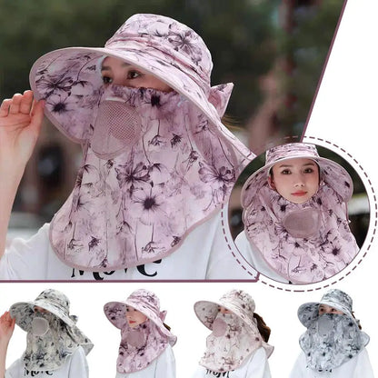 Women's Wide Brim Sun Hat with Detachable Face Mask – UV Protection
