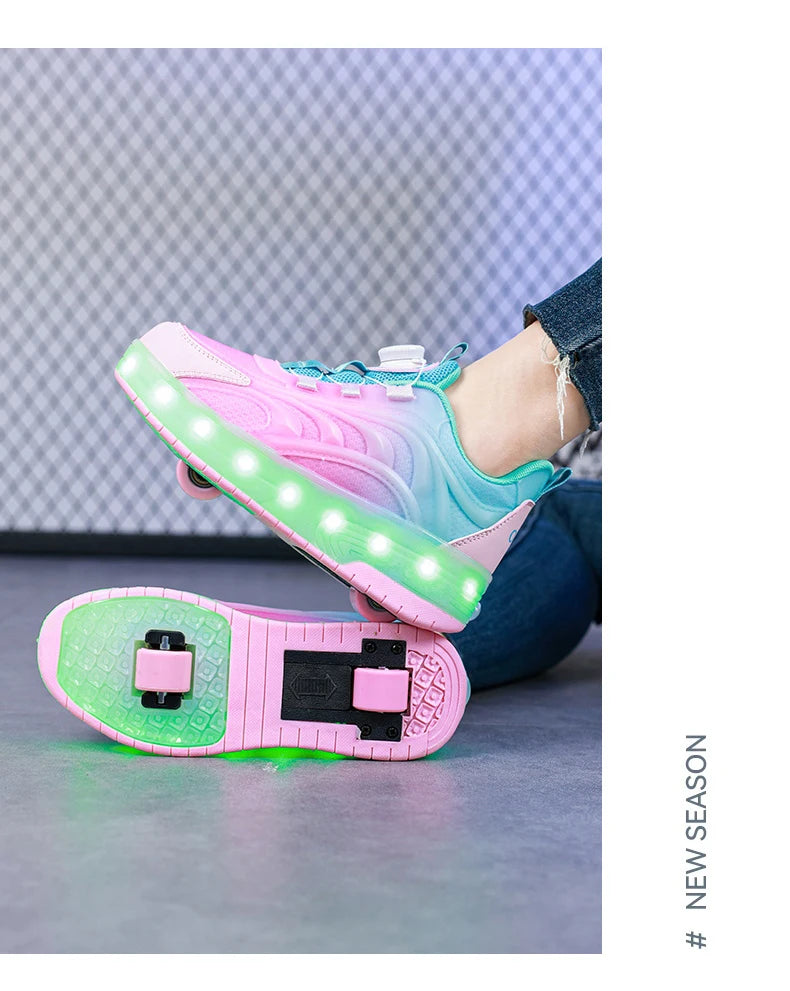 Kids LED Light-Up Roller Skate Shoes – USB Rechargeable Wheeled Sneakers for Boys & Girls
