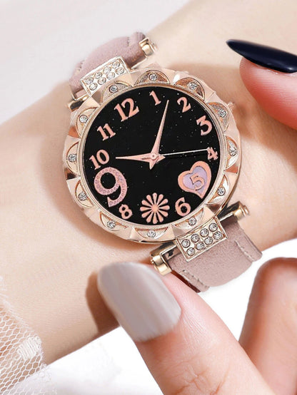 Women's 6PCS Fashion Quartz Watch & Bracelet Set | Pink Leather Band Analog Wristwatch Dress Set
