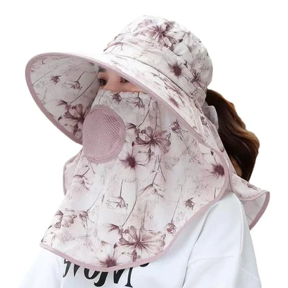 Women's Wide Brim Sun Hat with Detachable Face Mask – UV Protection