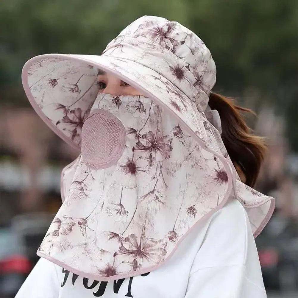 Women's Wide Brim Sun Hat with Detachable Face Mask – UV Protection