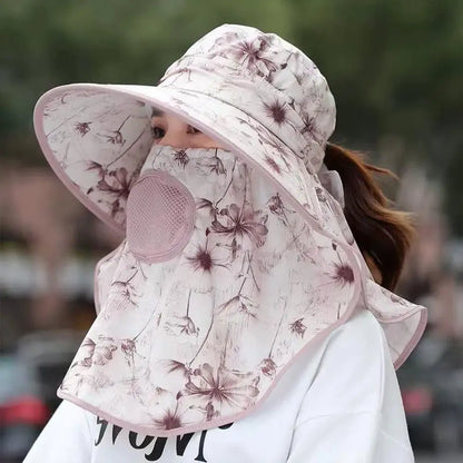 Women's Wide Brim Sun Hat with Detachable Face Mask – UV Protection