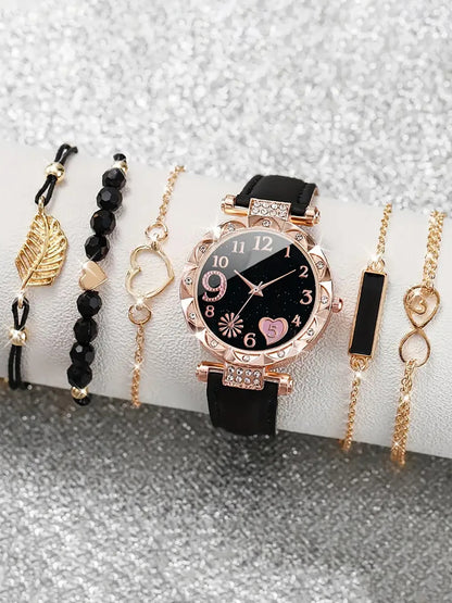 Women's 6PCS Fashion Quartz Watch & Bracelet Set | Pink Leather Band Analog Wristwatch Dress Set