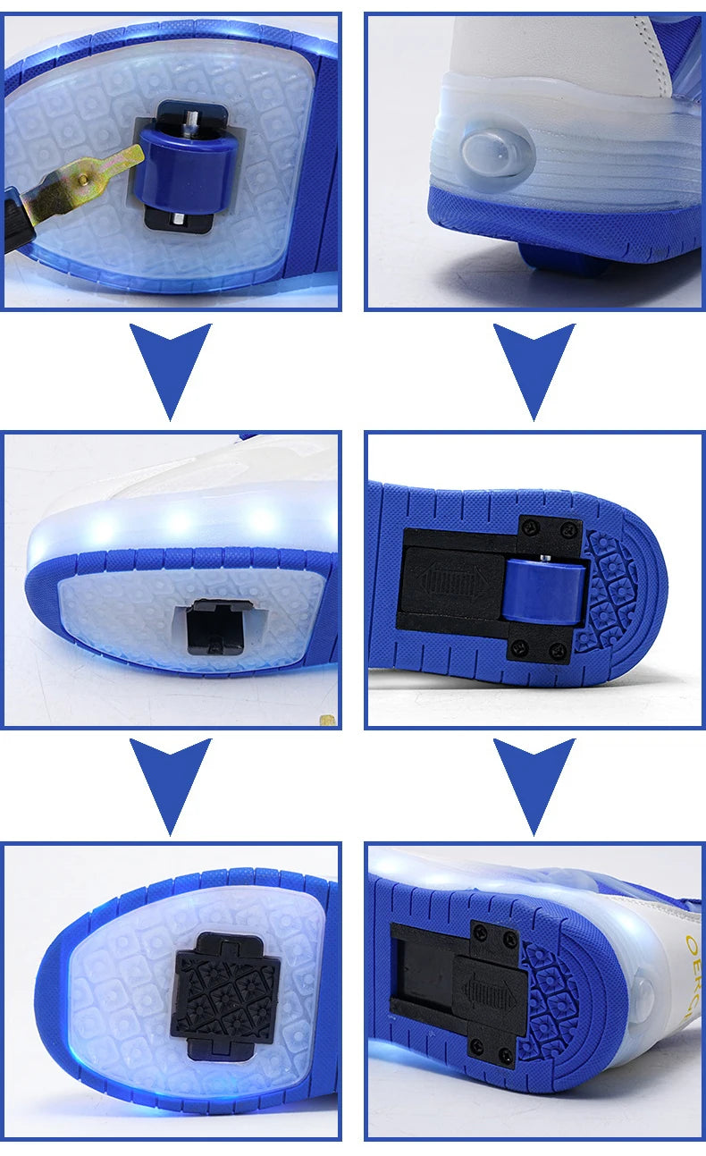 Kids LED Light-Up Roller Skate Shoes – USB Rechargeable Wheeled Sneakers for Boys & Girls