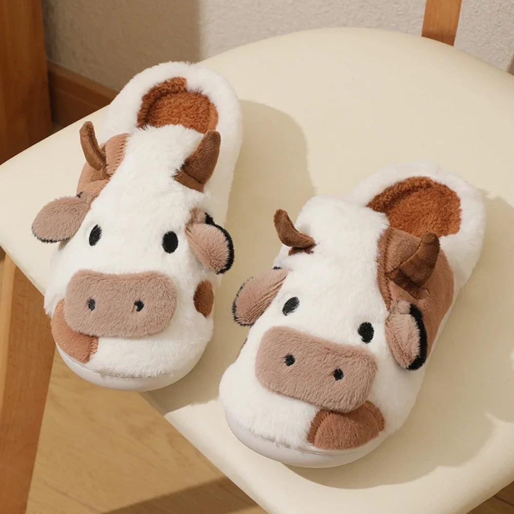 Cartoon Cow Plush Slippers – Warm Anti-Slip Indoor House Shoes for Women & Men
