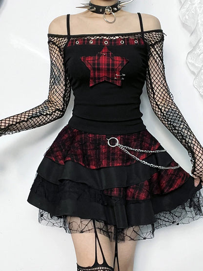 Women's AltGoth Y2K E-Girl Plaid Pentagram Crop Tank Top | Mall Gothic Cyber Punk Emo Grunge Cami