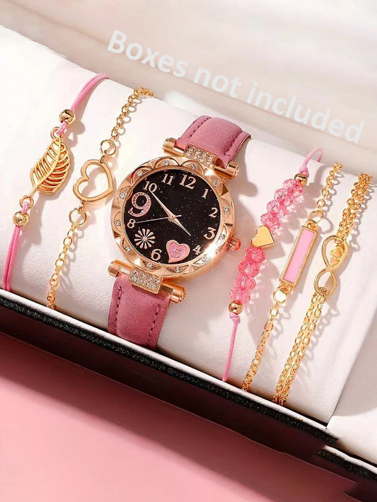 Women's 6PCS Fashion Quartz Watch & Bracelet Set | Pink Leather Band Analog Wristwatch Dress Set