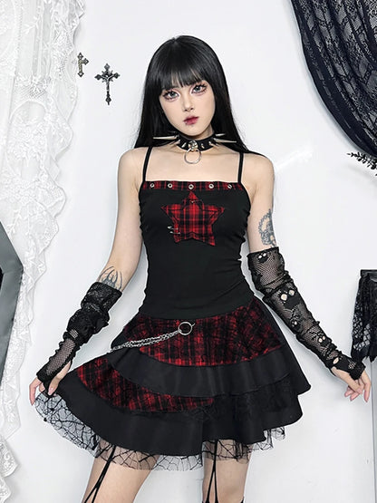 Women's AltGoth Y2K E-Girl Plaid Pentagram Crop Tank Top | Mall Gothic Cyber Punk Emo Grunge Cami