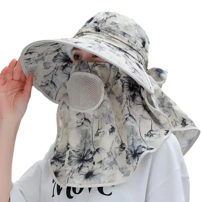 Women's Wide Brim Sun Hat with Detachable Face Mask – UV Protection