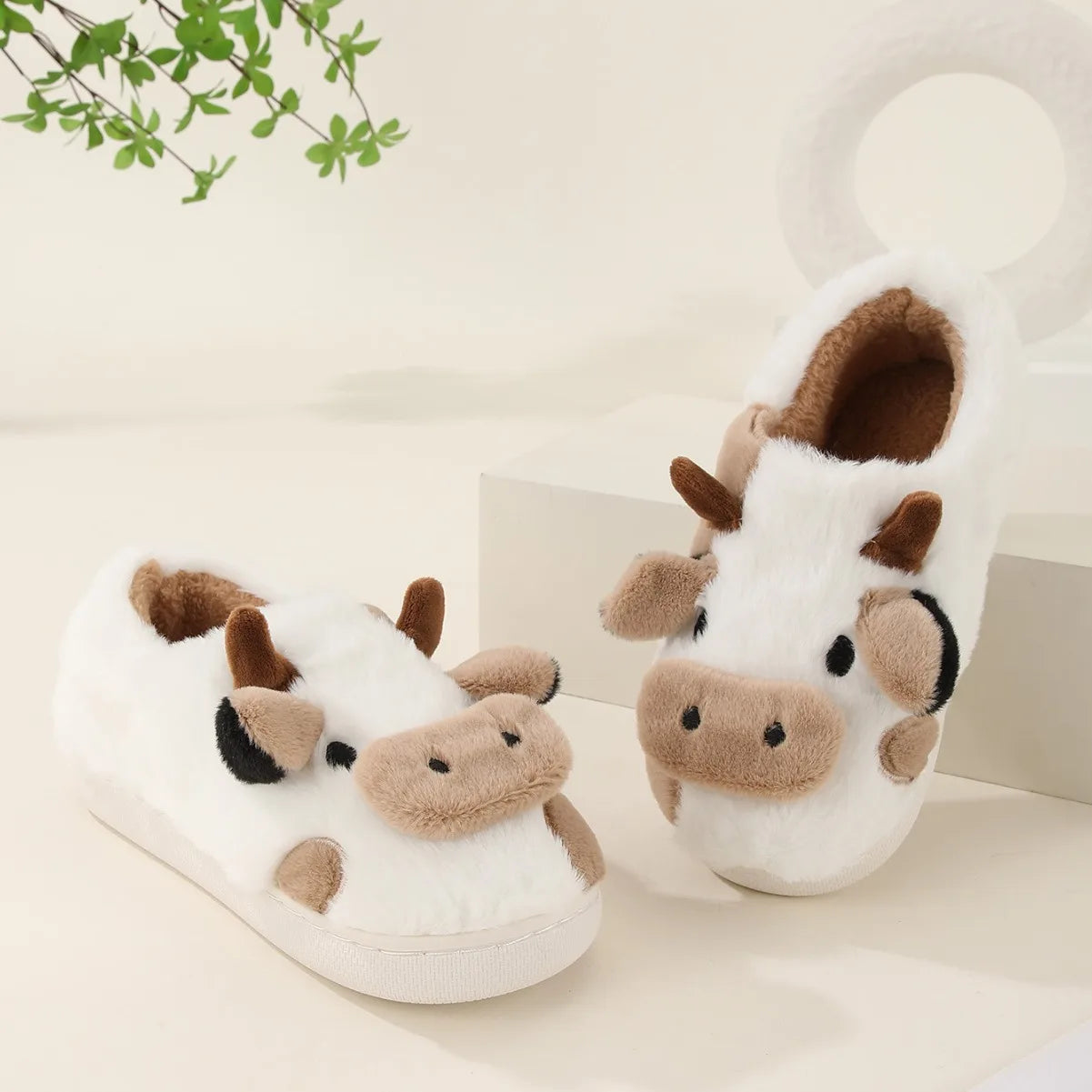 Cartoon Cow Plush Slippers – Warm Anti-Slip Indoor House Shoes for Women & Men